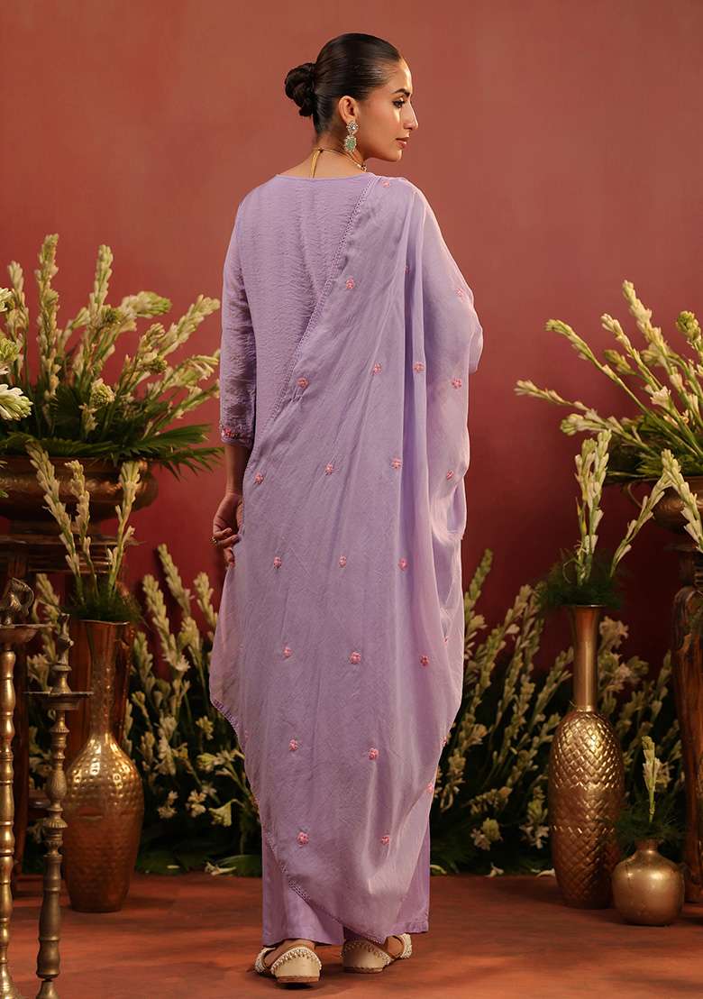 Lavender Embroidered Chanderi Straight Kurta Set - Indya