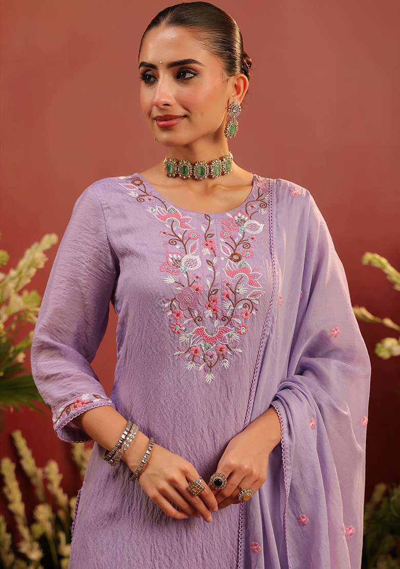 Lavender Embroidered Chanderi Straight Kurta Set - Indya