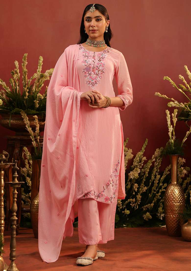 Pink Embroidered Chanderi Straight Kurta Set - Indya