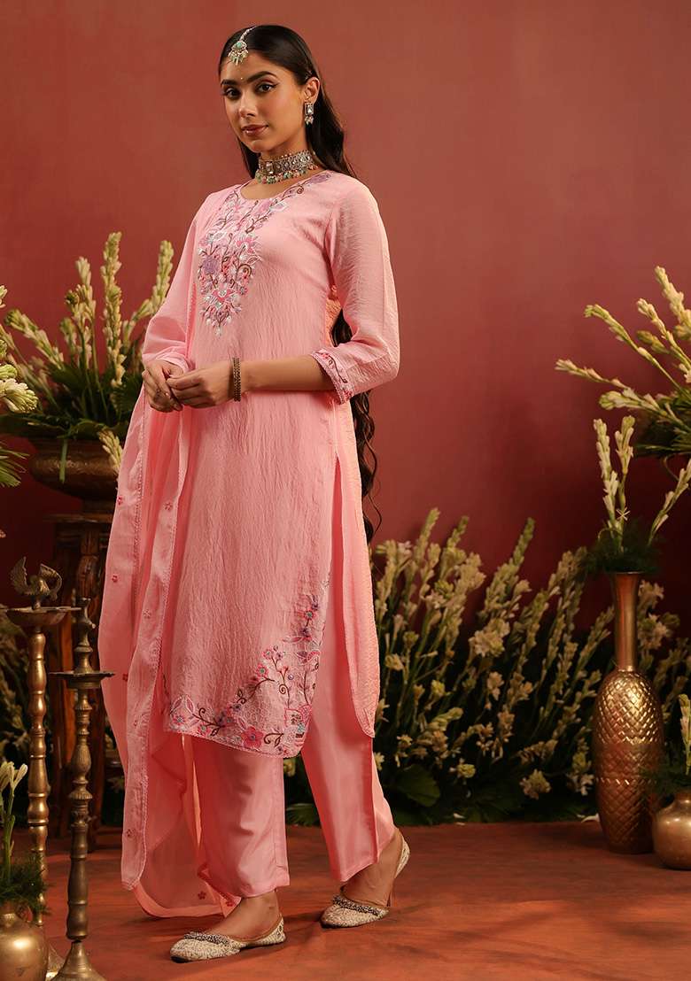 Pink Embroidered Chanderi Straight Kurta Set - Indya