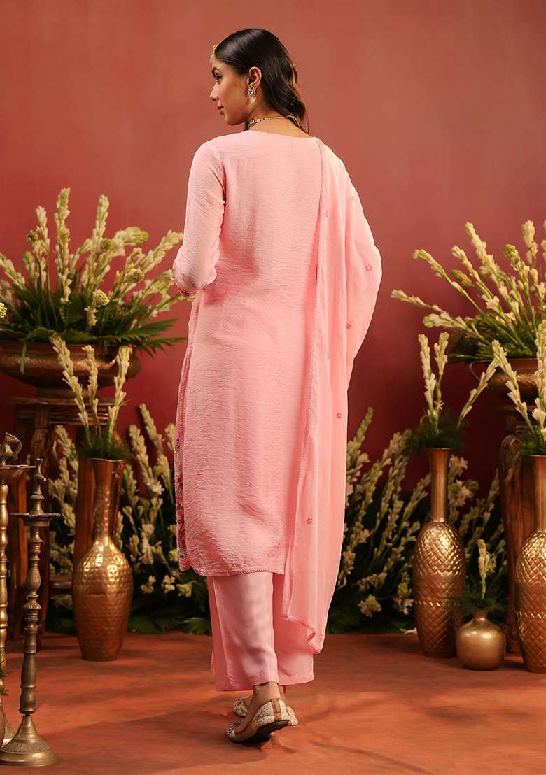 Pink Embroidered Chanderi Straight Kurta Set - Indya