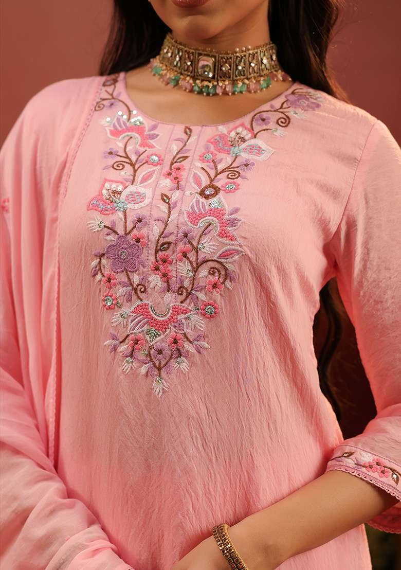 Pink Embroidered Chanderi Straight Kurta Set - Indya