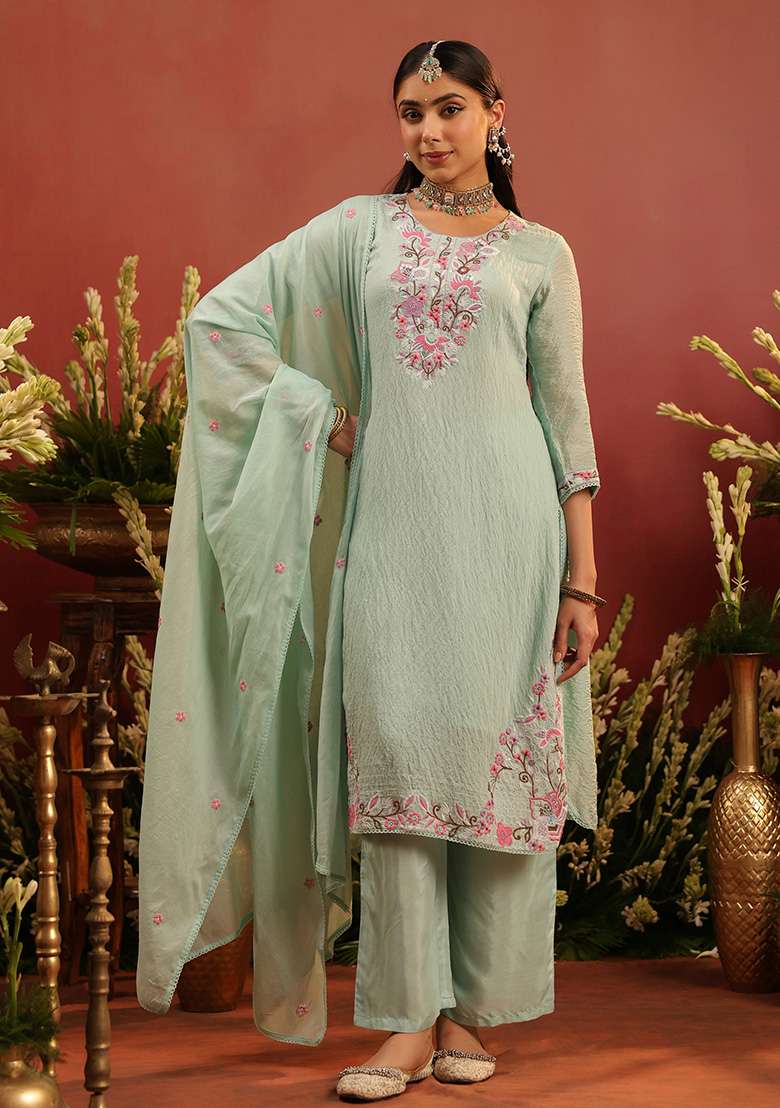 Sea Green Embroidered Chanderi Straight Kurta Set - Indya