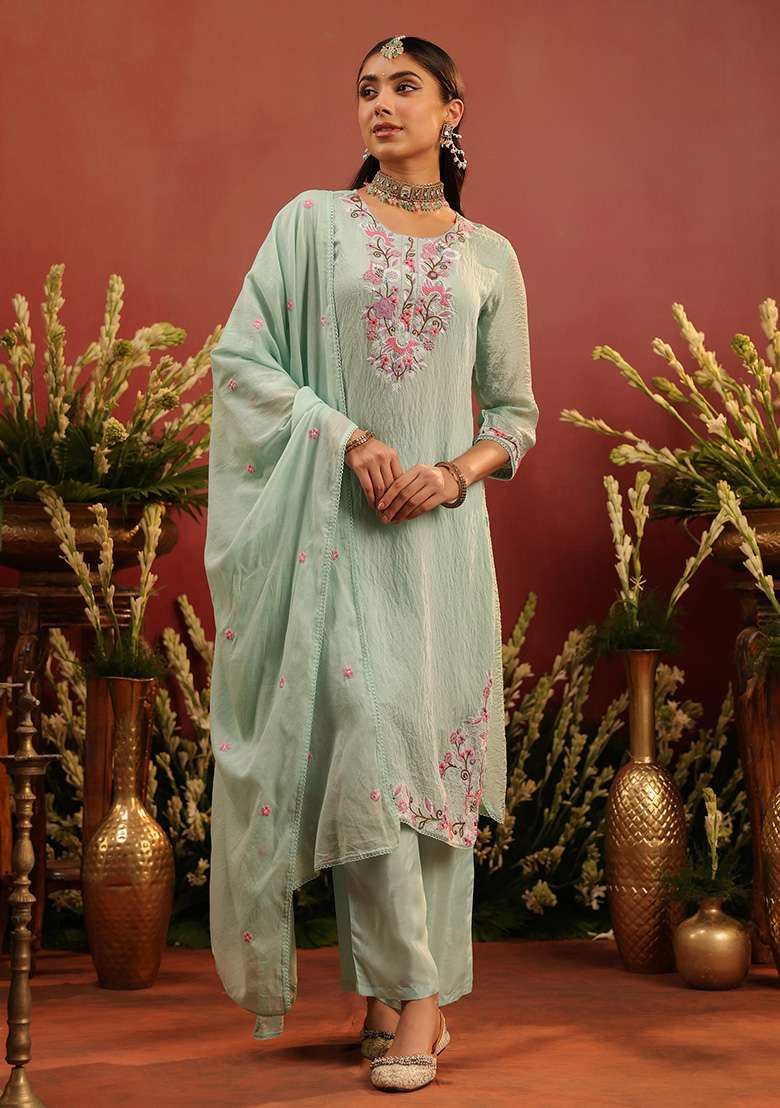 Sea Green Embroidered Chanderi Straight Kurta Set - Indya