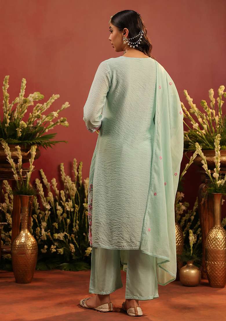 Sea Green Embroidered Chanderi Straight Kurta Set - Indya
