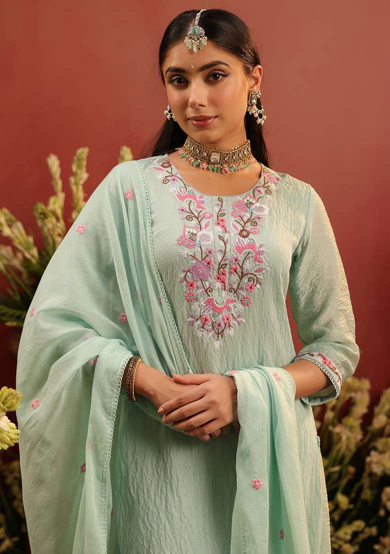 Sea Green Embroidered Chanderi Straight Kurta Set - Indya