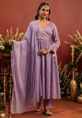 Lavender Embroidered Chanderi Anarkali With Dupatta