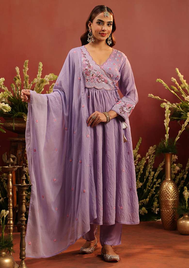 Lavender Embroidered Chanderi Anarkali With Dupatta - Indya