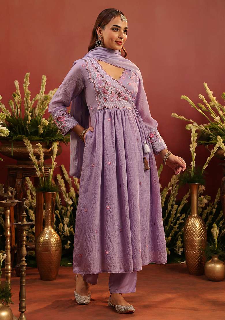 Lavender Embroidered Chanderi Anarkali With Dupatta - Indya