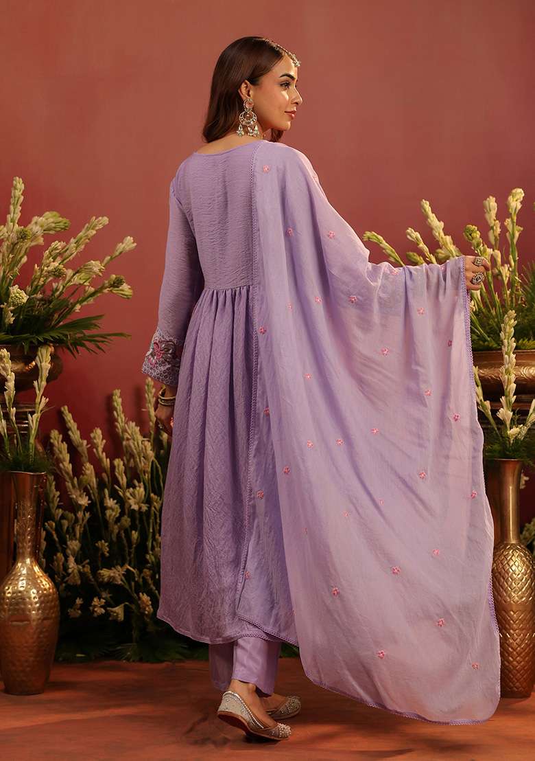 Lavender Embroidered Chanderi Anarkali With Dupatta - Indya