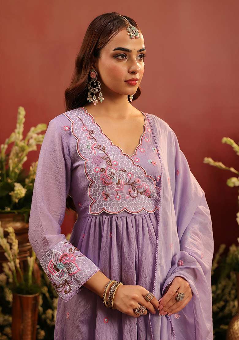 Lavender Embroidered Chanderi Anarkali With Dupatta - Indya