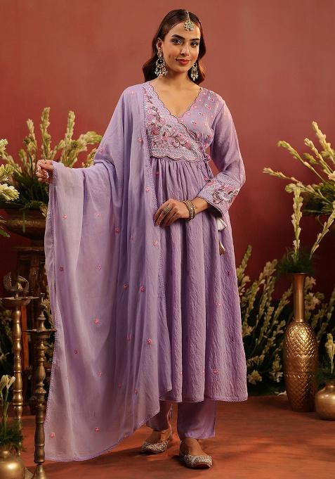 Lavender Embroidered Chanderi Anarkali With Dupatta