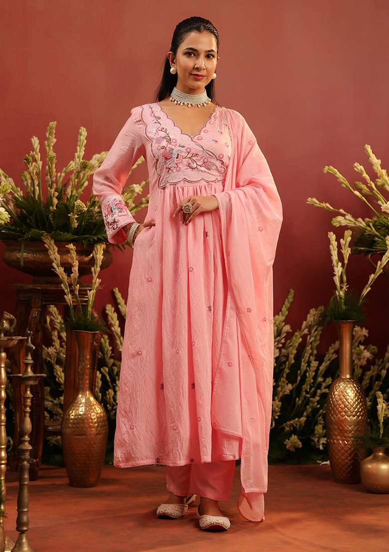 Pink Embroidered Chanderi Anarkali With Dupatta - Indya
