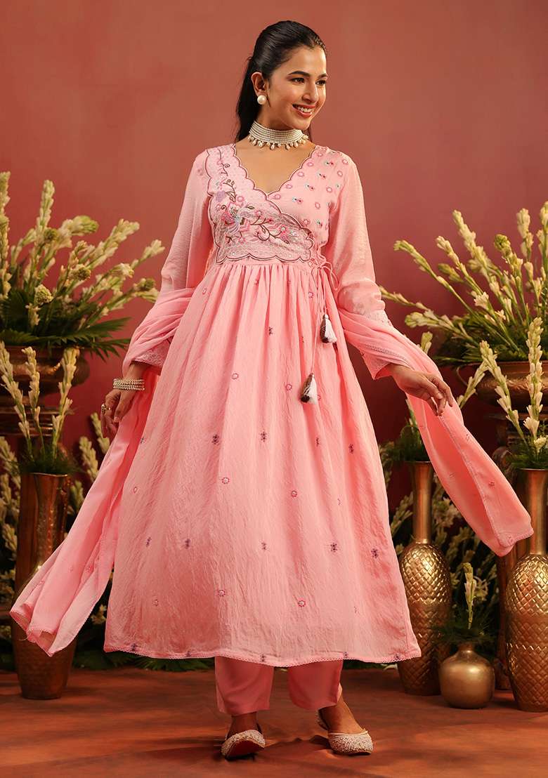 Pink Embroidered Chanderi Anarkali With Dupatta - Indya