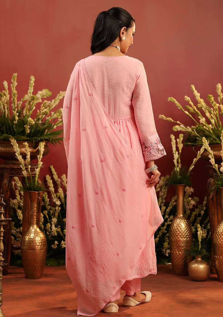 Pink Embroidered Chanderi Anarkali With Dupatta - Indya