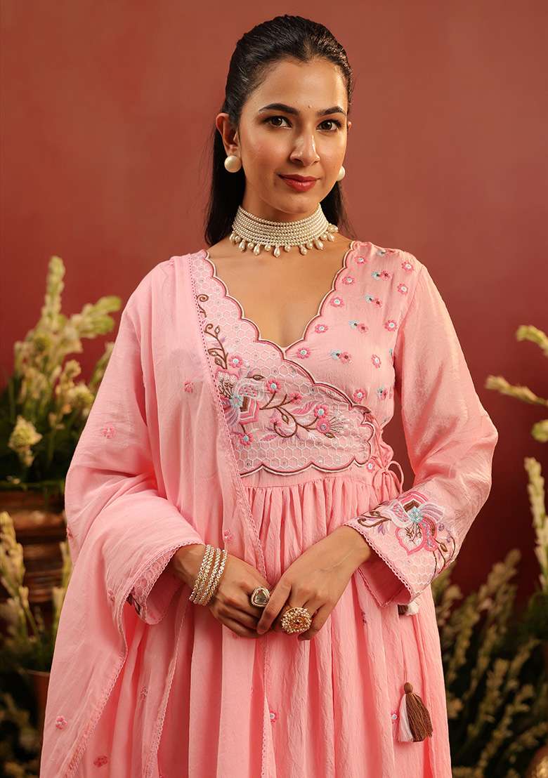 Pink Embroidered Chanderi Anarkali With Dupatta - Indya