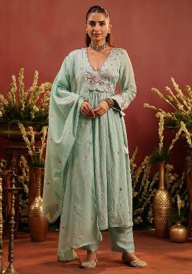 Sea Green Embroidered Chanderi Anarkali With Dupatta