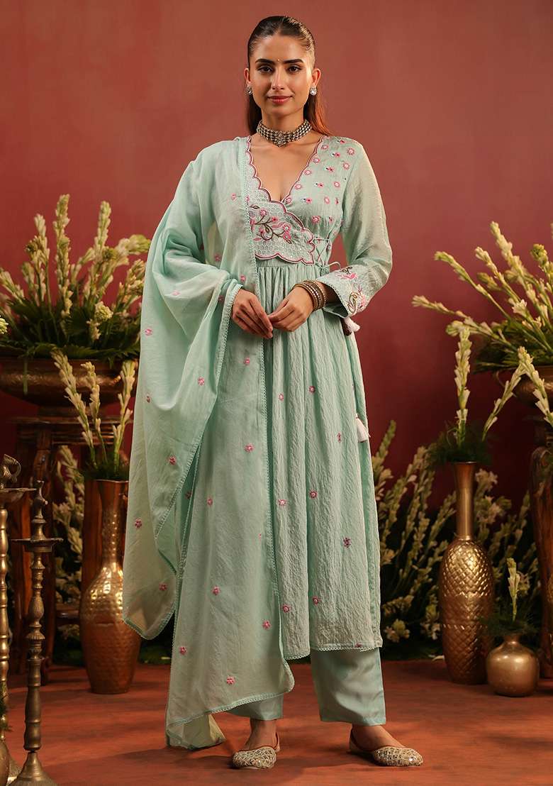Sea Green Embroidered Chanderi Anarkali With Dupatta - Indya