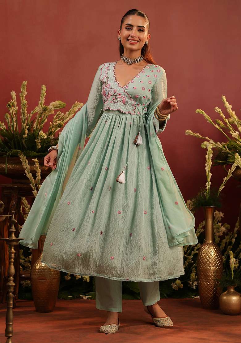 Sea Green Embroidered Chanderi Anarkali With Dupatta - Indya