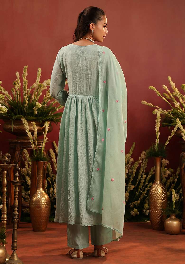 Sea Green Embroidered Chanderi Anarkali With Dupatta - Indya
