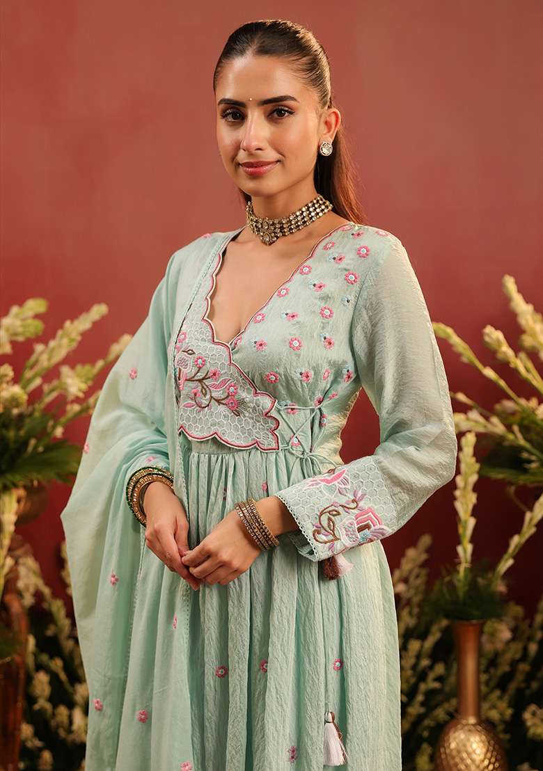 Sea Green Embroidered Chanderi Anarkali With Dupatta - Indya
