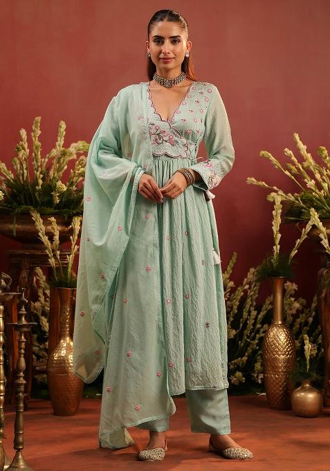 Sea Green Embroidered Chanderi Anarkali Set