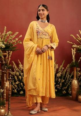 Yellow Embroidered Chanderi Anarkali With Dupatta