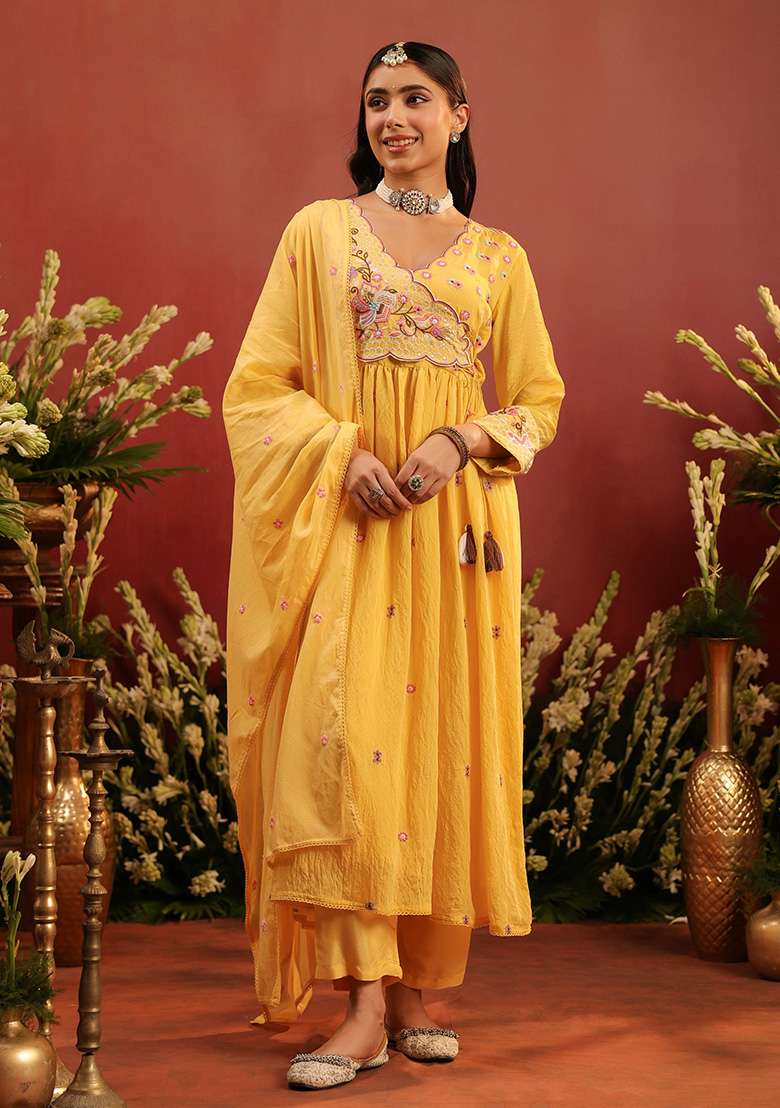 Yellow Embroidered Chanderi A Line Kurta Set - Indya