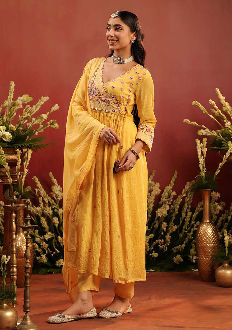 Yellow Embroidered Chanderi A Line Kurta Set - Indya