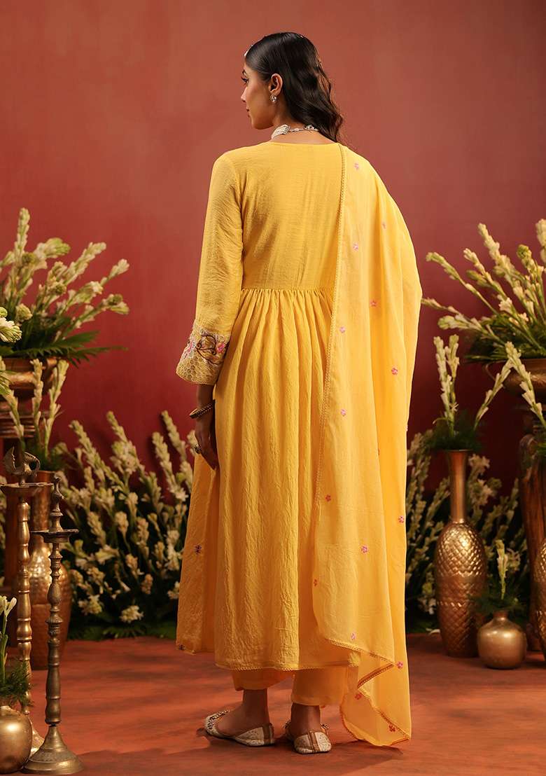 Yellow Embroidered Chanderi A Line Kurta Set - Indya