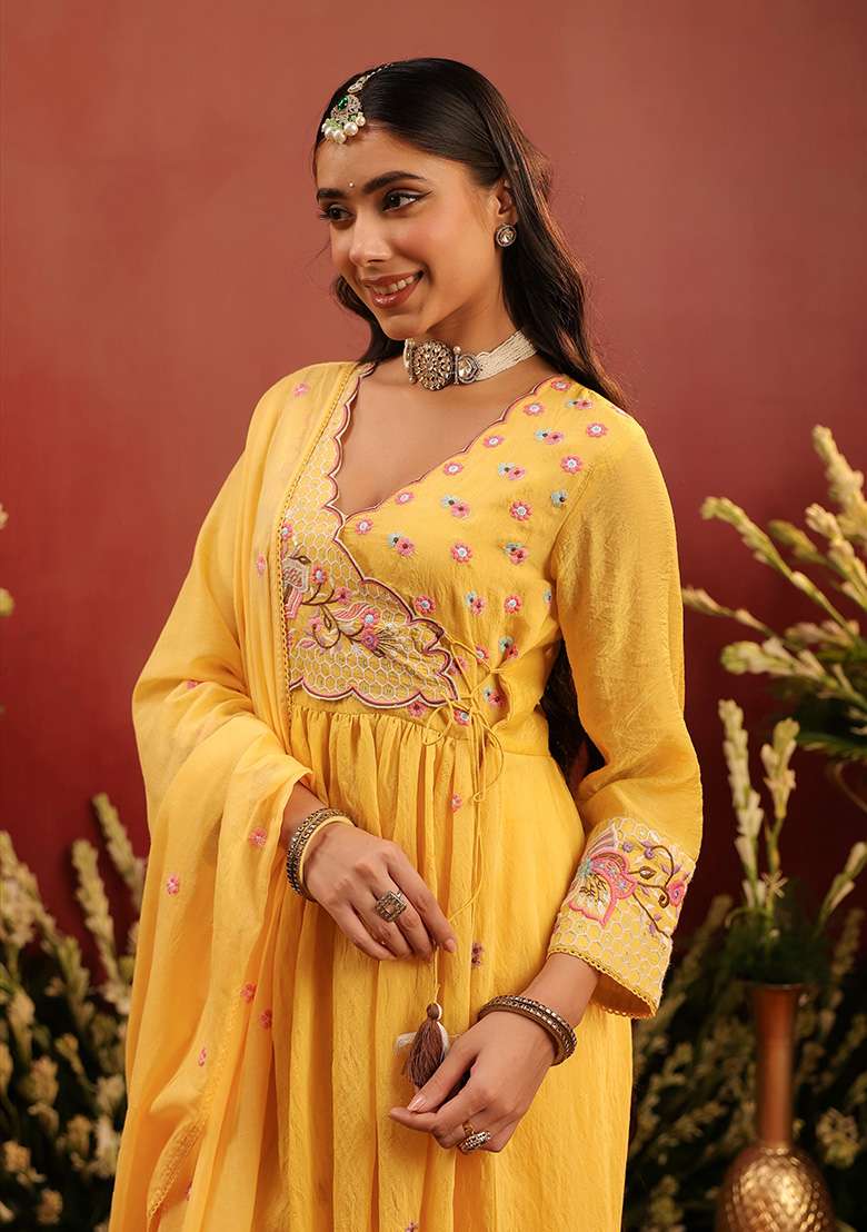 Yellow Embroidered Chanderi A Line Kurta Set - Indya