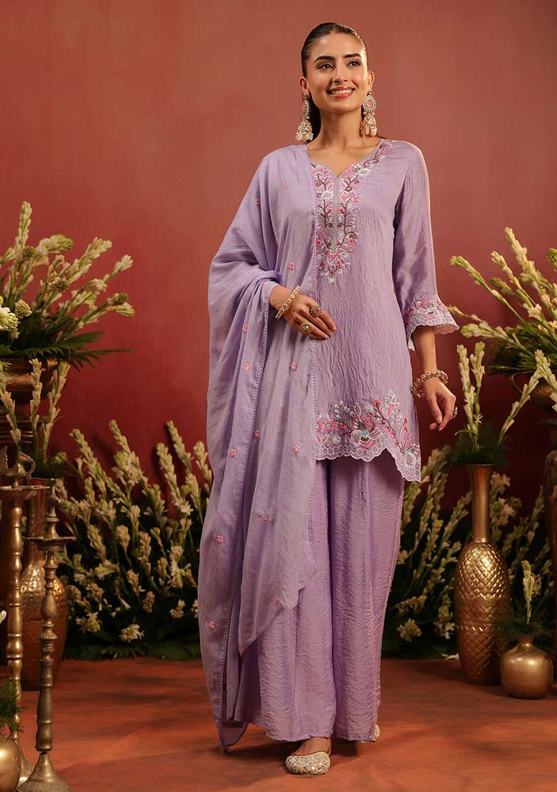 Lavender Embroidered Chanderi Sharara Set - Indya