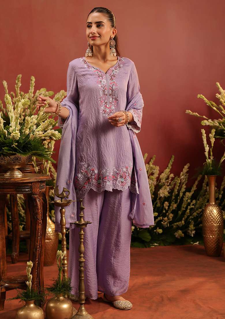 Lavender Embroidered Chanderi Sharara Set - Indya