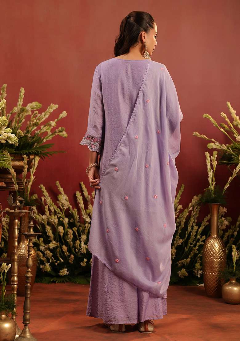 Lavender Embroidered Chanderi Sharara Set - Indya