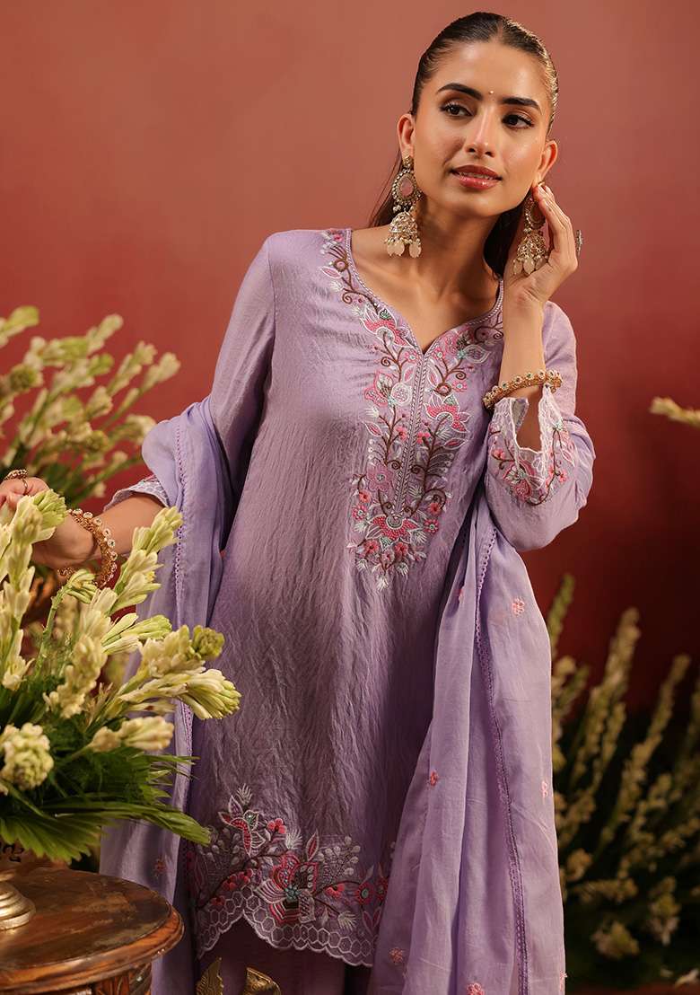 Lavender Embroidered Chanderi Sharara Set - Indya