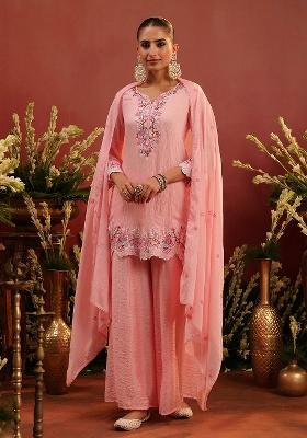Pink Embroidered Chanderi Sharara Set