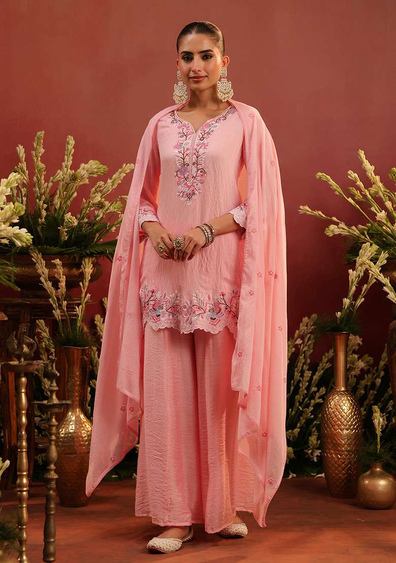 Pink Embroidered Chanderi Straight Kurta Set - Indya