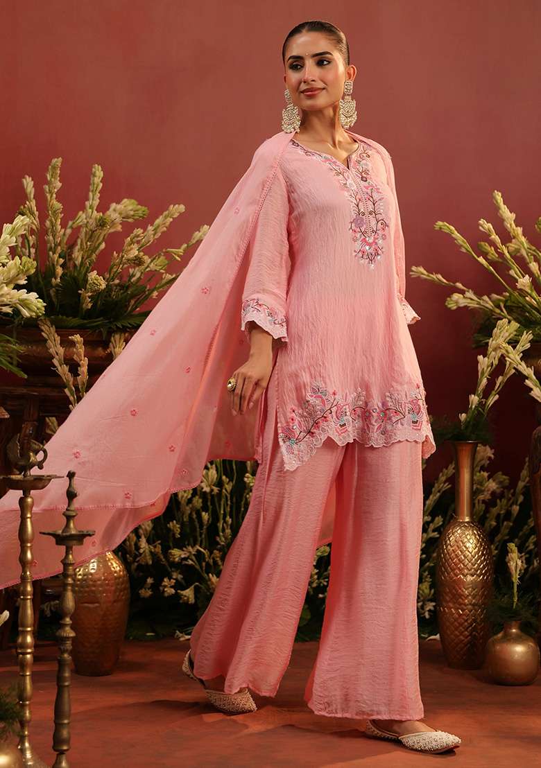 Pink Embroidered Chanderi Straight Kurta Set - Indya