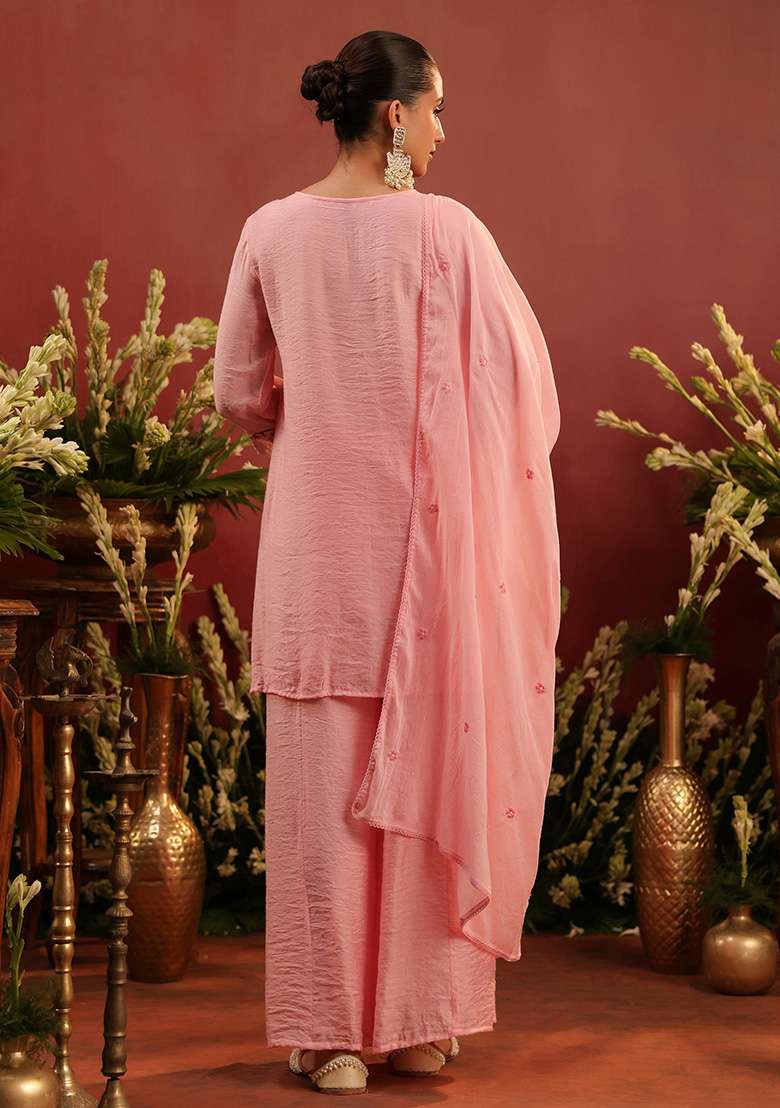 Pink Embroidered Chanderi Straight Kurta Set - Indya