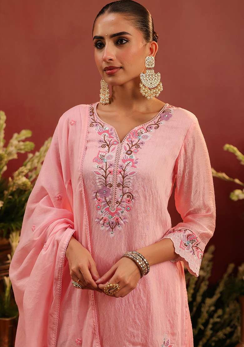 Pink Embroidered Chanderi Straight Kurta Set - Indya