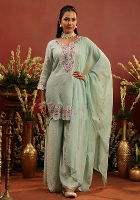 Sea Green Embroidered Chanderi Sharara Set