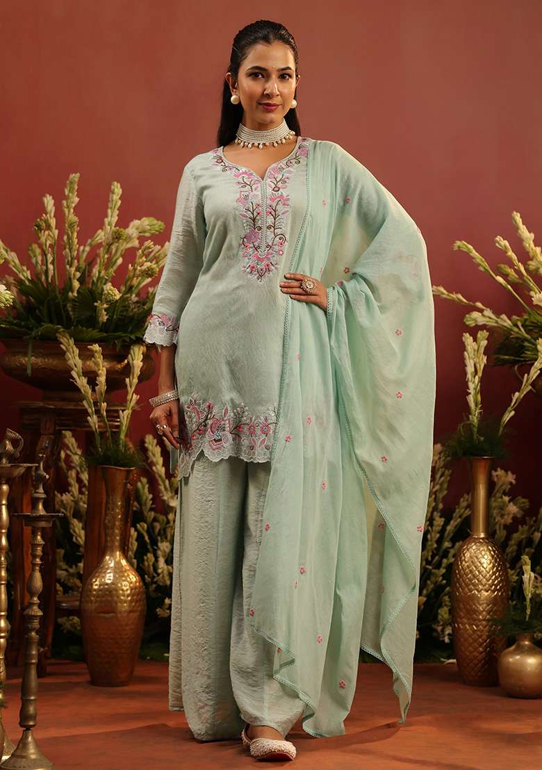 Sea Green Embroidered Chanderi Sharara Set - Indya