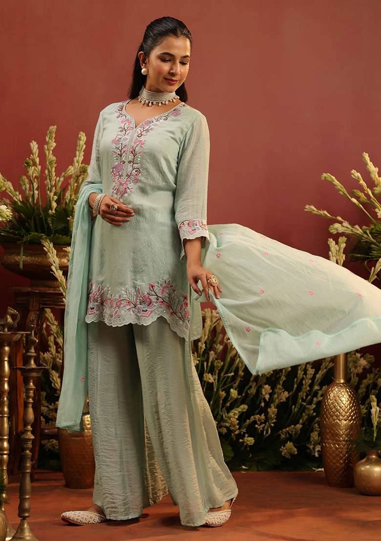 Sea Green Embroidered Chanderi Sharara Set - Indya
