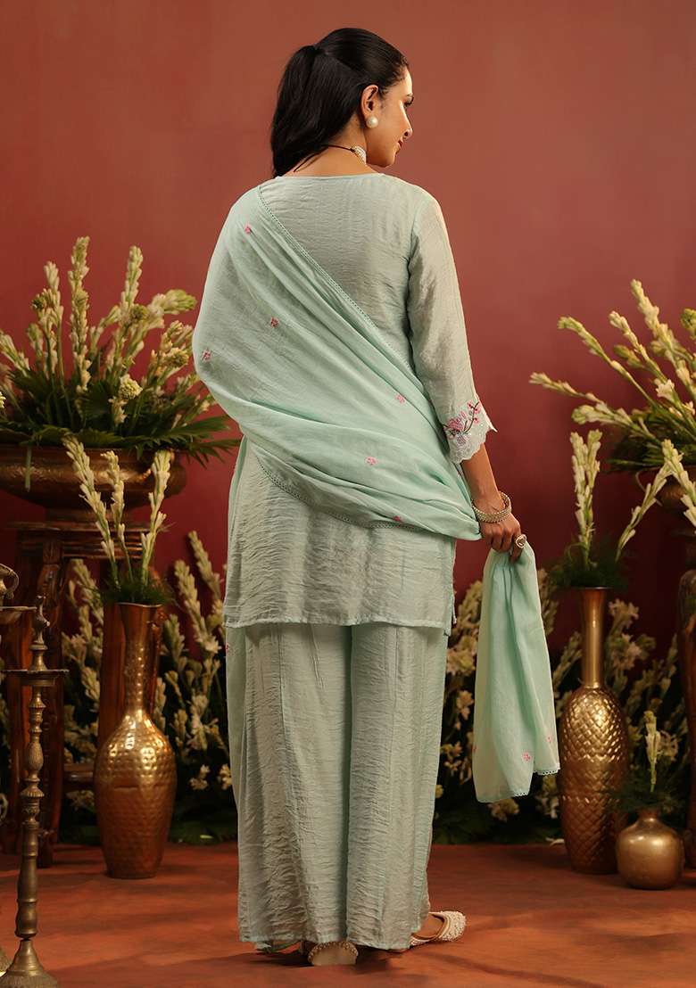 Sea Green Embroidered Chanderi Sharara Set - Indya