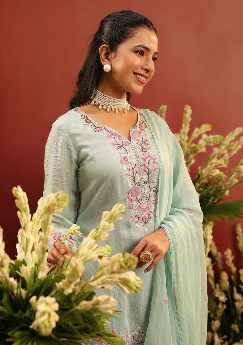 Sea Green Embroidered Chanderi Sharara Set - Indya