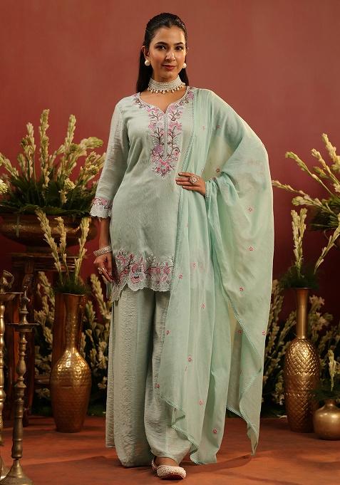 Sea Green Embroidered Chanderi Sharara Set