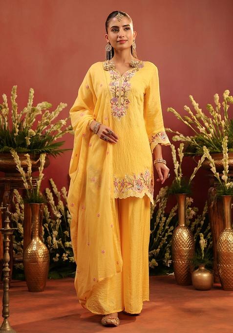 Yellow Embroidered Chanderi Sharara Set
