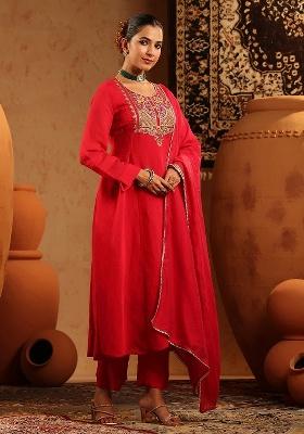 Red Embroidered Chanderi Anarkali With Dupatta