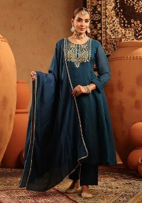 Teal Embroidered Chanderi Anarkali With Dupatta