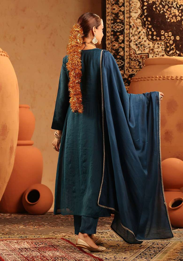 Teal Embroidered Chanderi Pakistani Suit Set - Indya